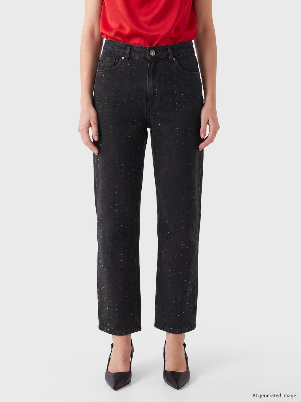 Siyah Straight Fit Taşlı Kadın Jean Pantolon-1
