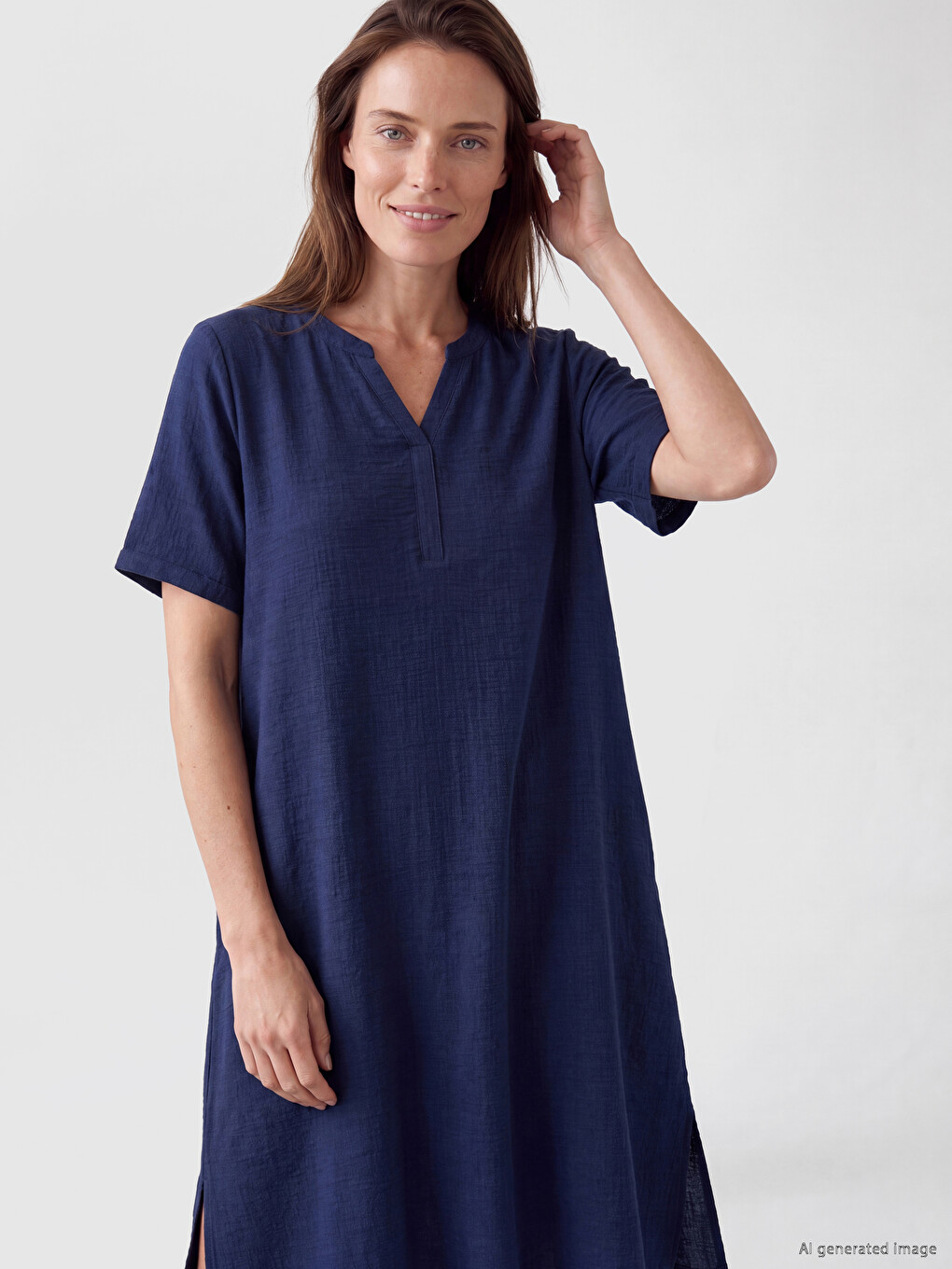 Notch Neck Linen Blended Dress-1