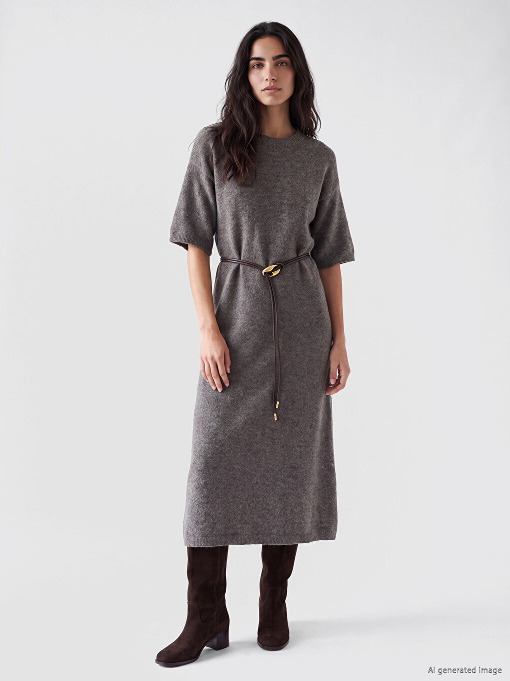 Belted Wool Blended Knitwear Dress