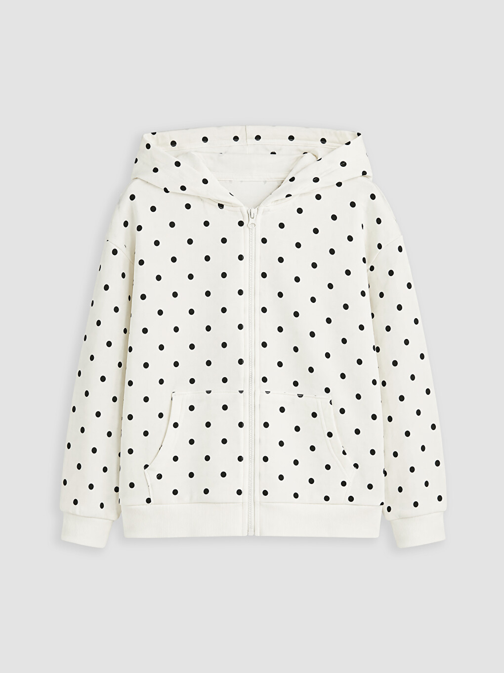Ekru Kapüşonlu Baskılı Kalın Kız Çocuk Fermuarlı Sweatshirt