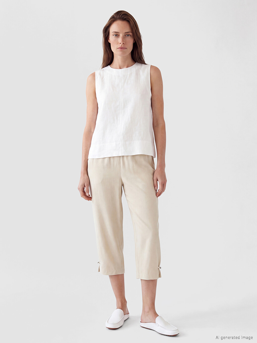 Pantalon Capri Femme En Mélange De Lin À Taille Élastiquée