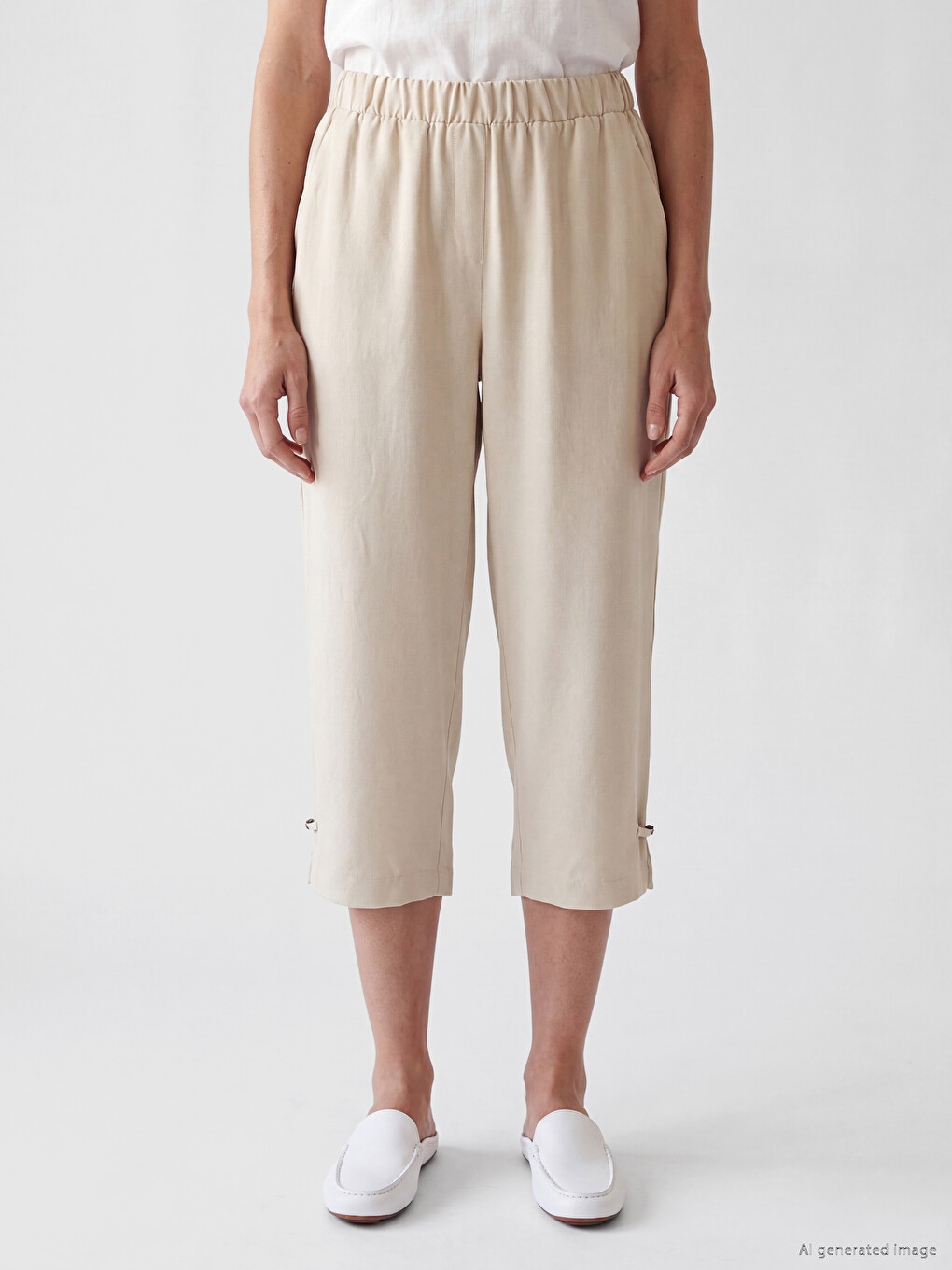 Pantalon Capri Femme En Mélange De Lin À Taille Élastiquée-1