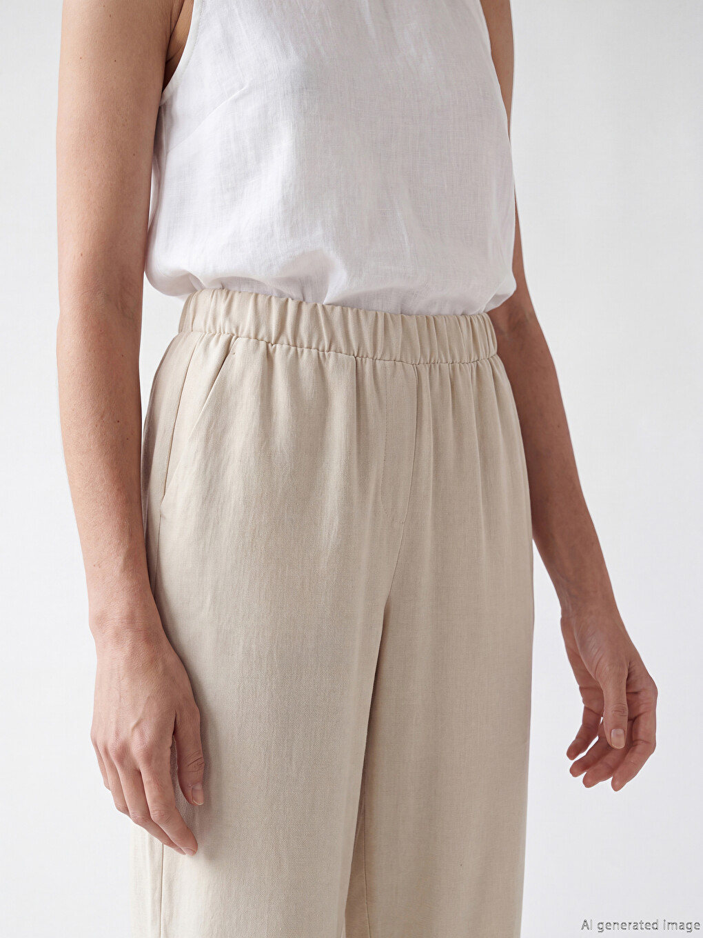 Pantalon Capri Femme En Mélange De Lin À Taille Élastiquée-2
