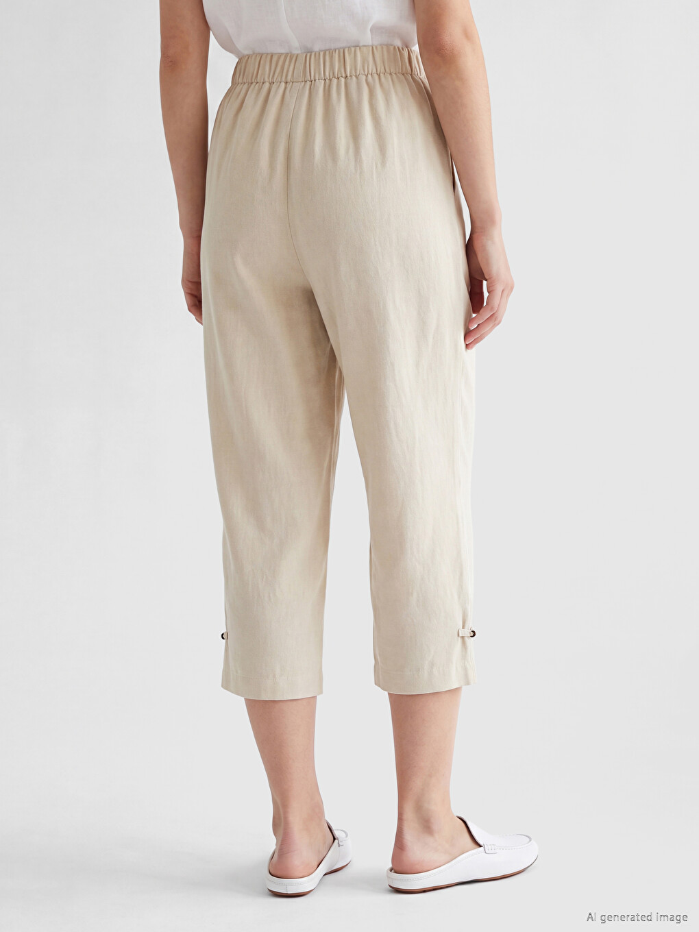 Pantalon Capri Femme En Mélange De Lin À Taille Élastiquée-3