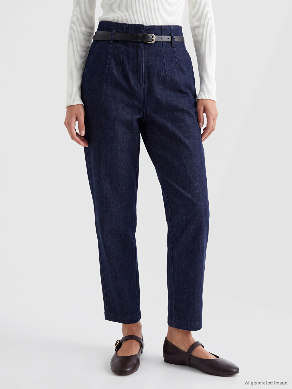 İndigo Kemerli Slim Mom Kadın Jean Pantolon-1