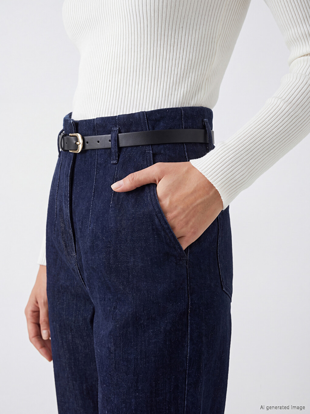 İndigo Kemerli Slim Mom Kadın Jean Pantolon-2