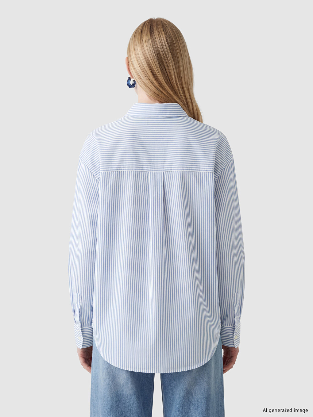 Mavi Çizgili Oversize Oxford Kadın Gömlek-3