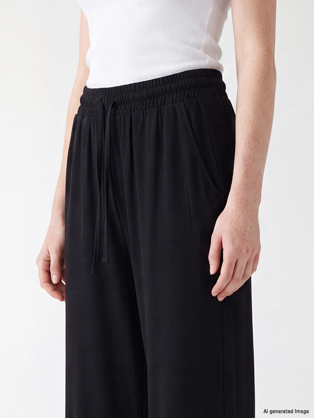 Siyah Beli Lastikli Geniş Paça Kadın Pantolon-2