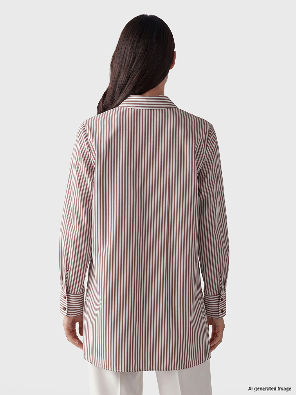Kahverengi Çizgili Poplin Kadın Gömlek Tunik-3