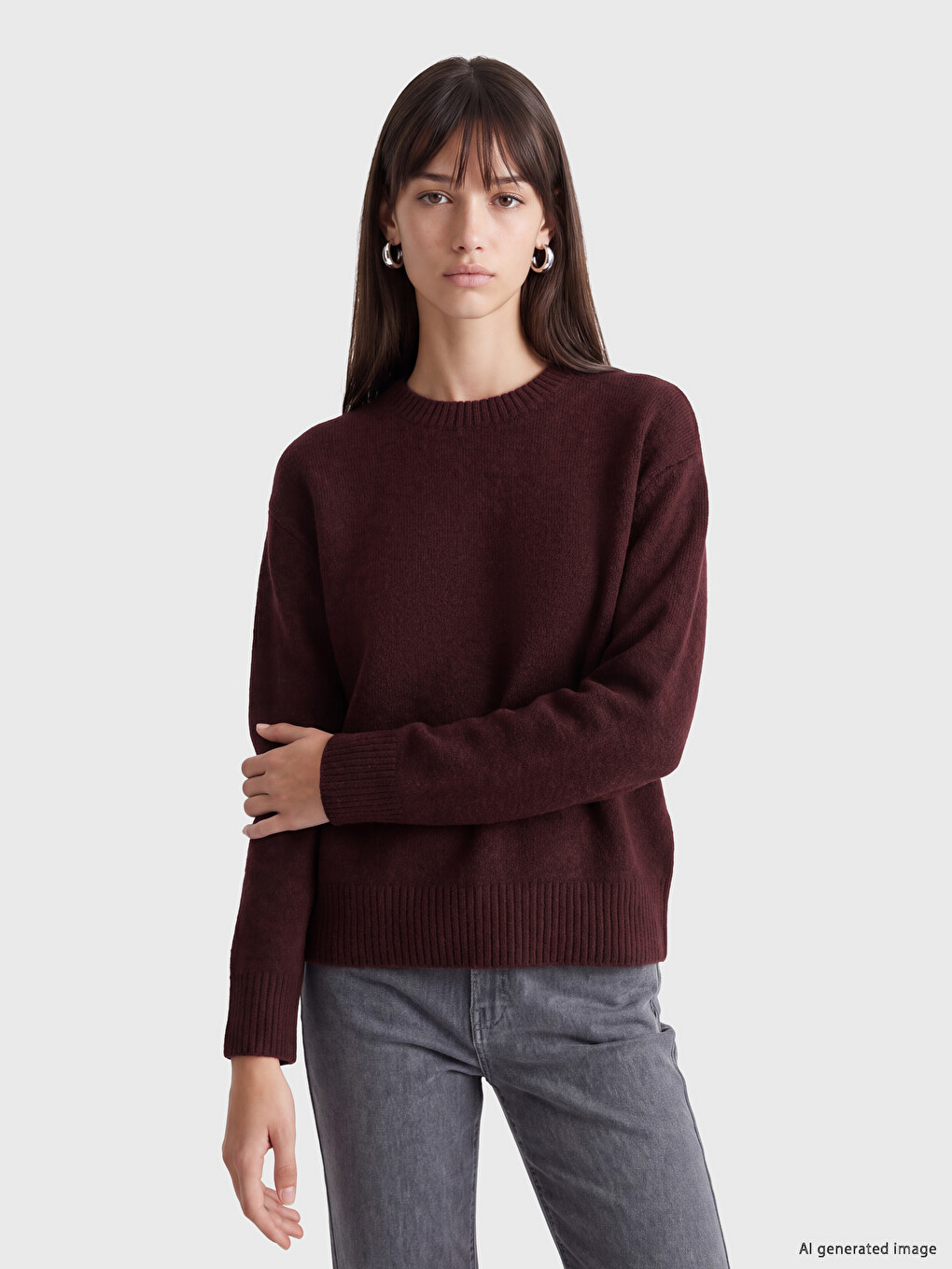 Bordo Bisiklet Yaka Oversize Kadın Triko Kazak