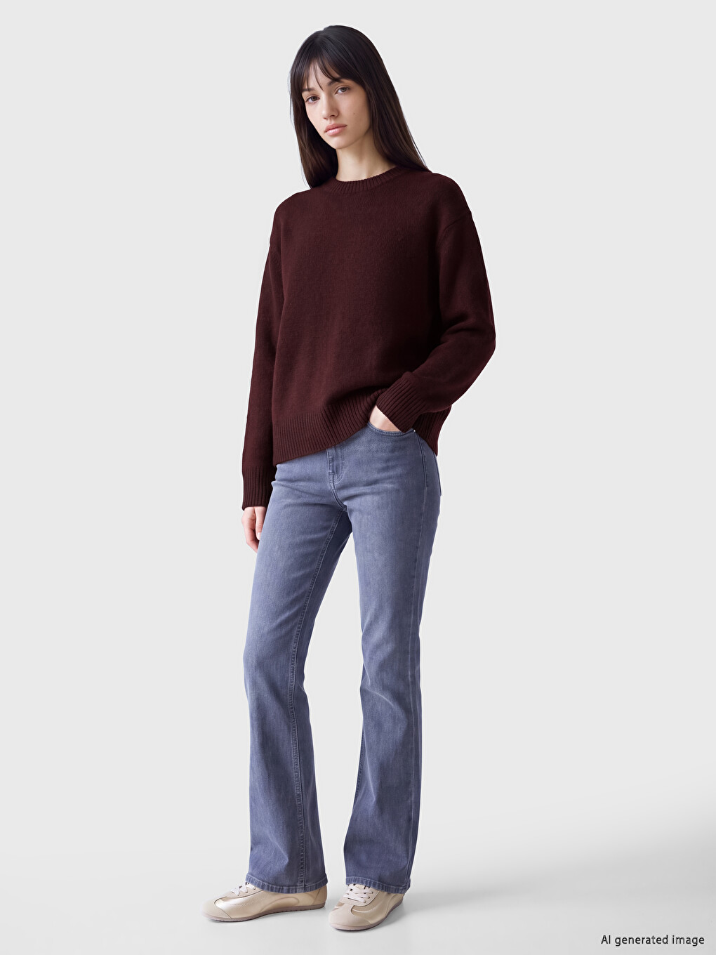 Bordo Bisiklet Yaka Oversize Kadın Triko Kazak-1