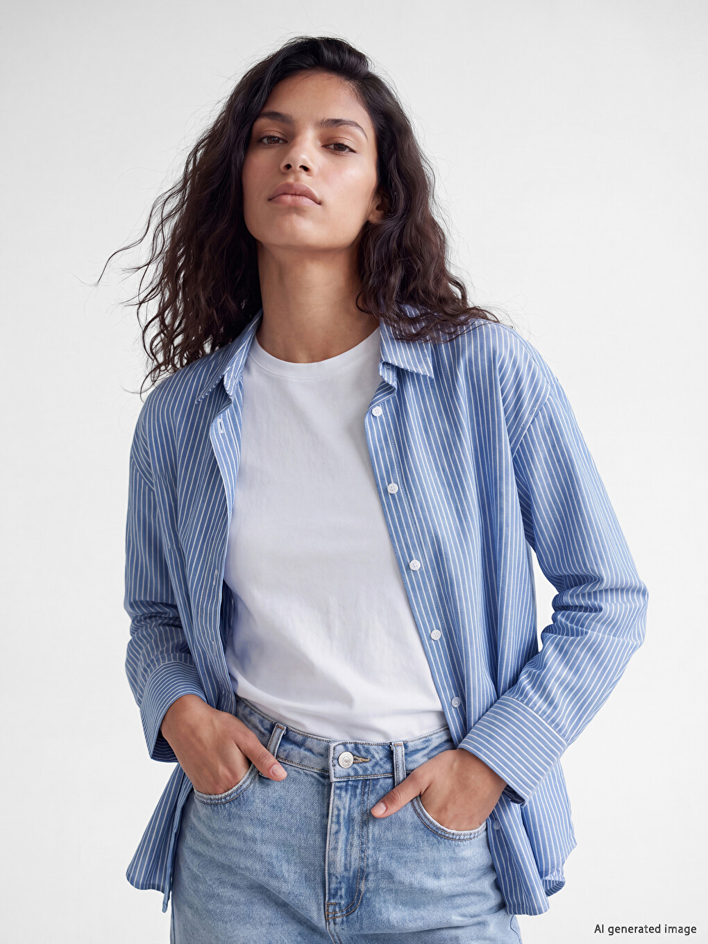 Mavi Çizgili Oversize Oxford Kadın Gömlek-1