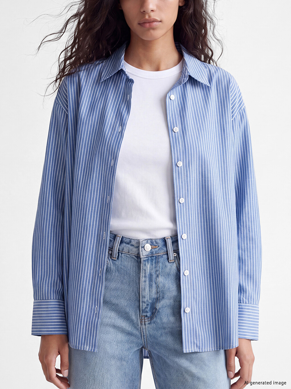 Mavi Çizgili Oversize Oxford Kadın Gömlek-2