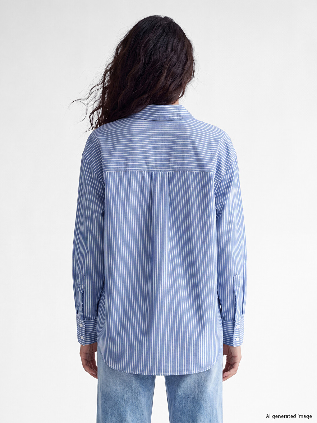 Mavi Çizgili Oversize Oxford Kadın Gömlek-3