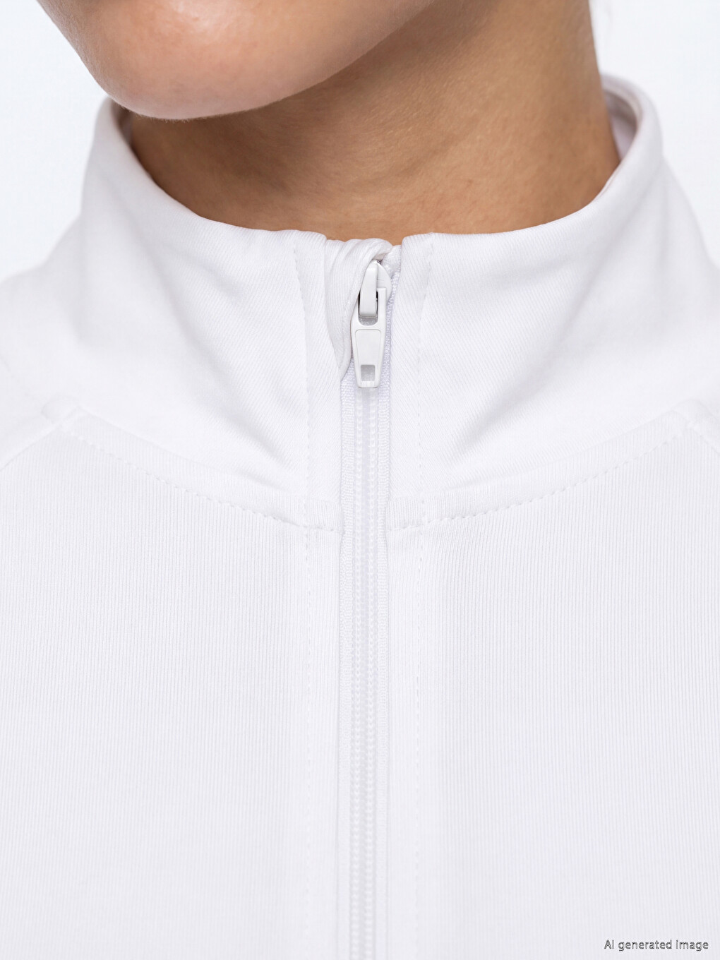 Beyaz Dik Yaka Parmak Geçmeli Kadın Fermuarlı Sweatshirt-2