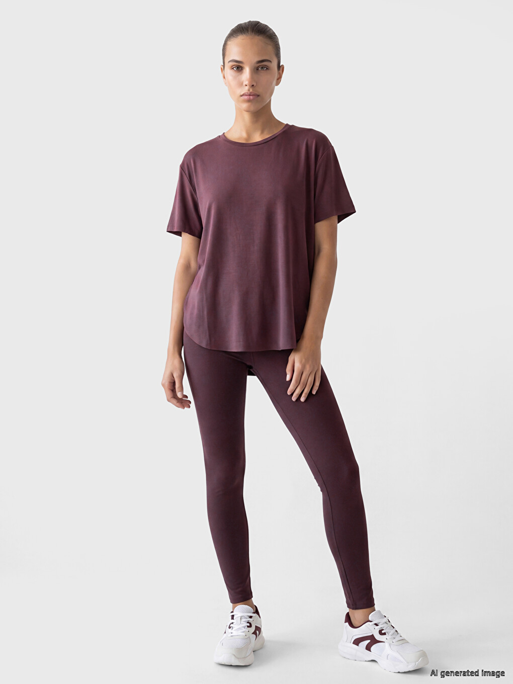 Bordo Modal Karışımlı Oversize Kadın Spor Tişört-1