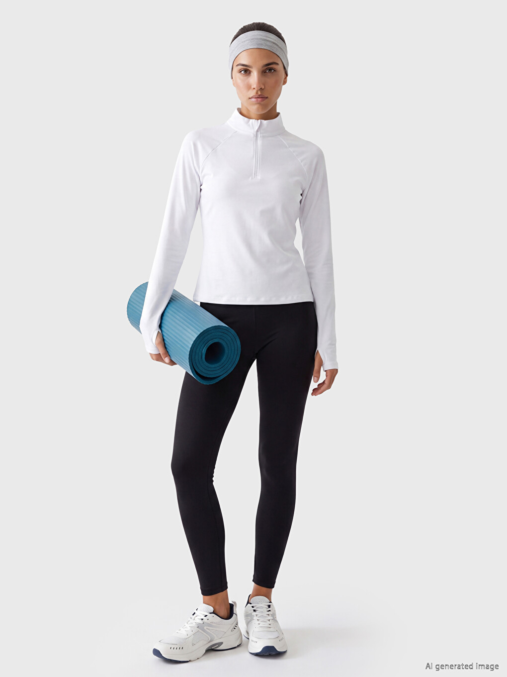 Beyaz Dik Yaka Parmak Geçmeli Kadın Spor Body