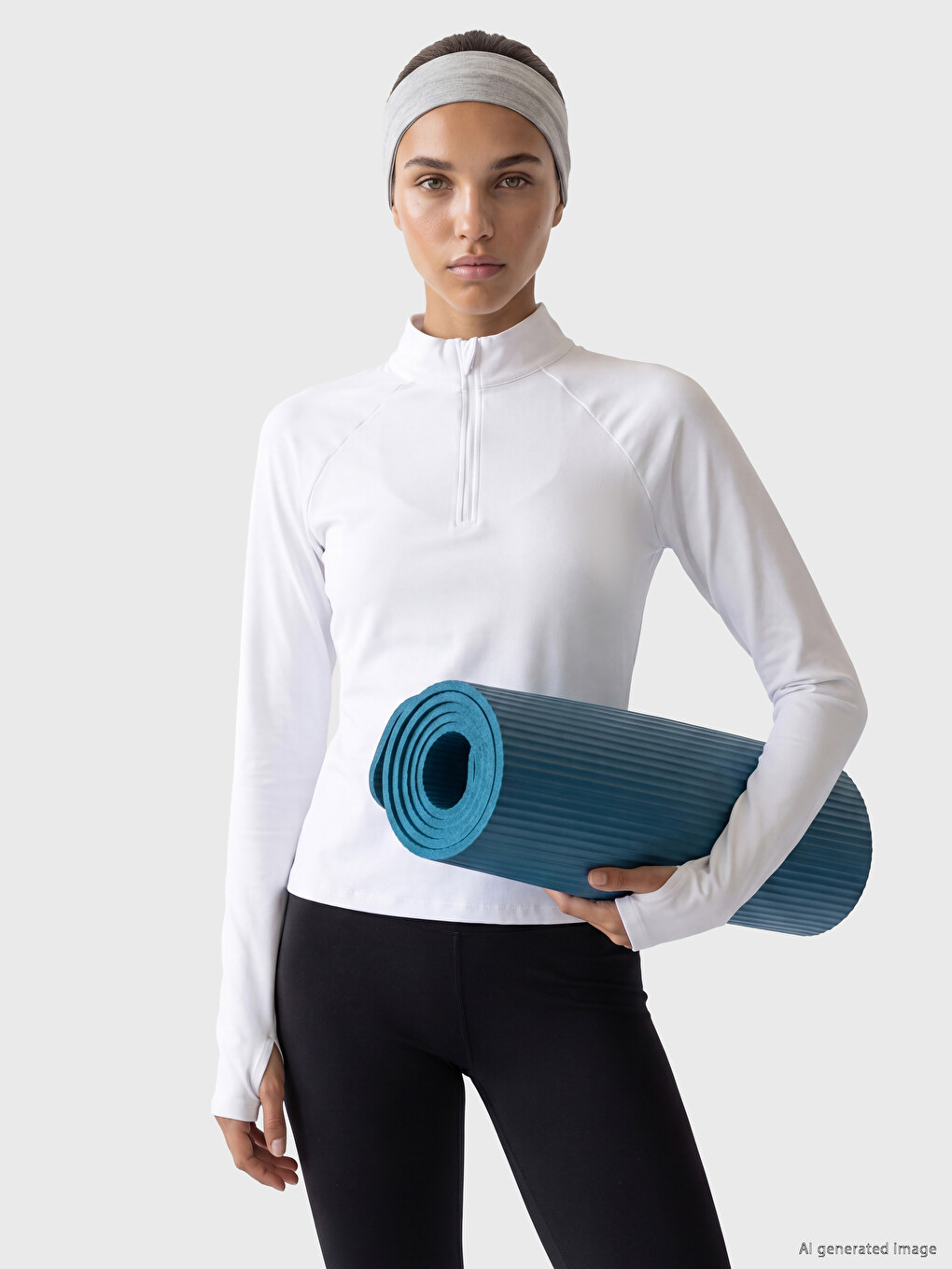 Beyaz Dik Yaka Parmak Geçmeli Kadın Spor Body-1