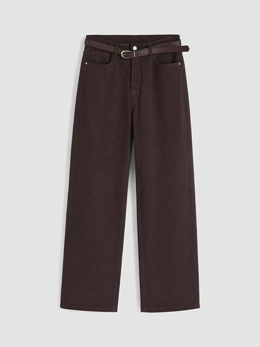 Kahverengi Beli Kemerli Straight Fit Kadın Jean Pantolon-4