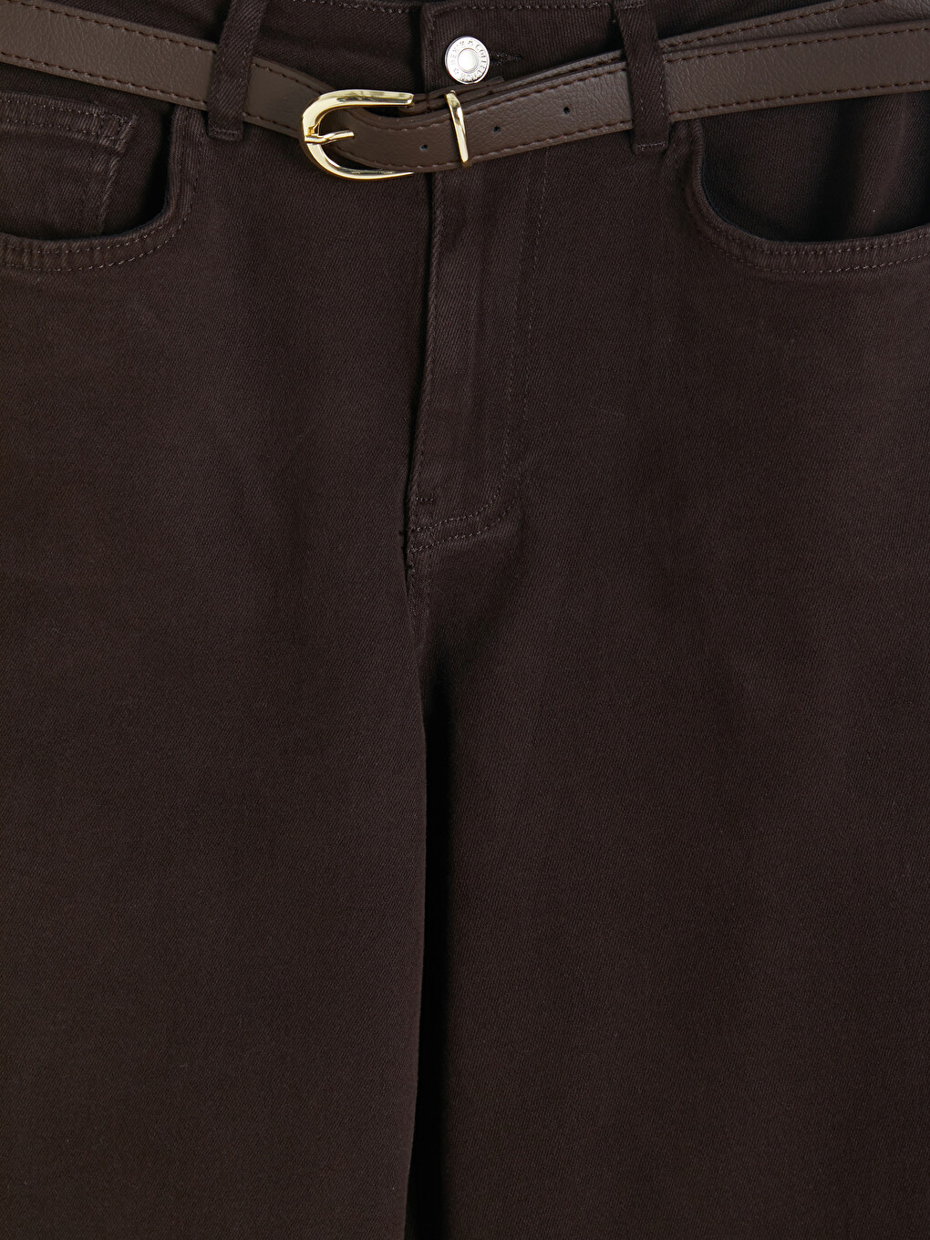 Kahverengi Beli Kemerli Straight Fit Kadın Jean Pantolon-5