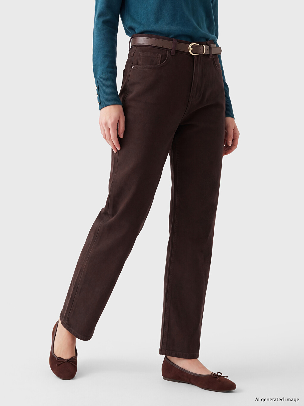 Kahverengi Beli Kemerli Straight Fit Kadın Jean Pantolon-1