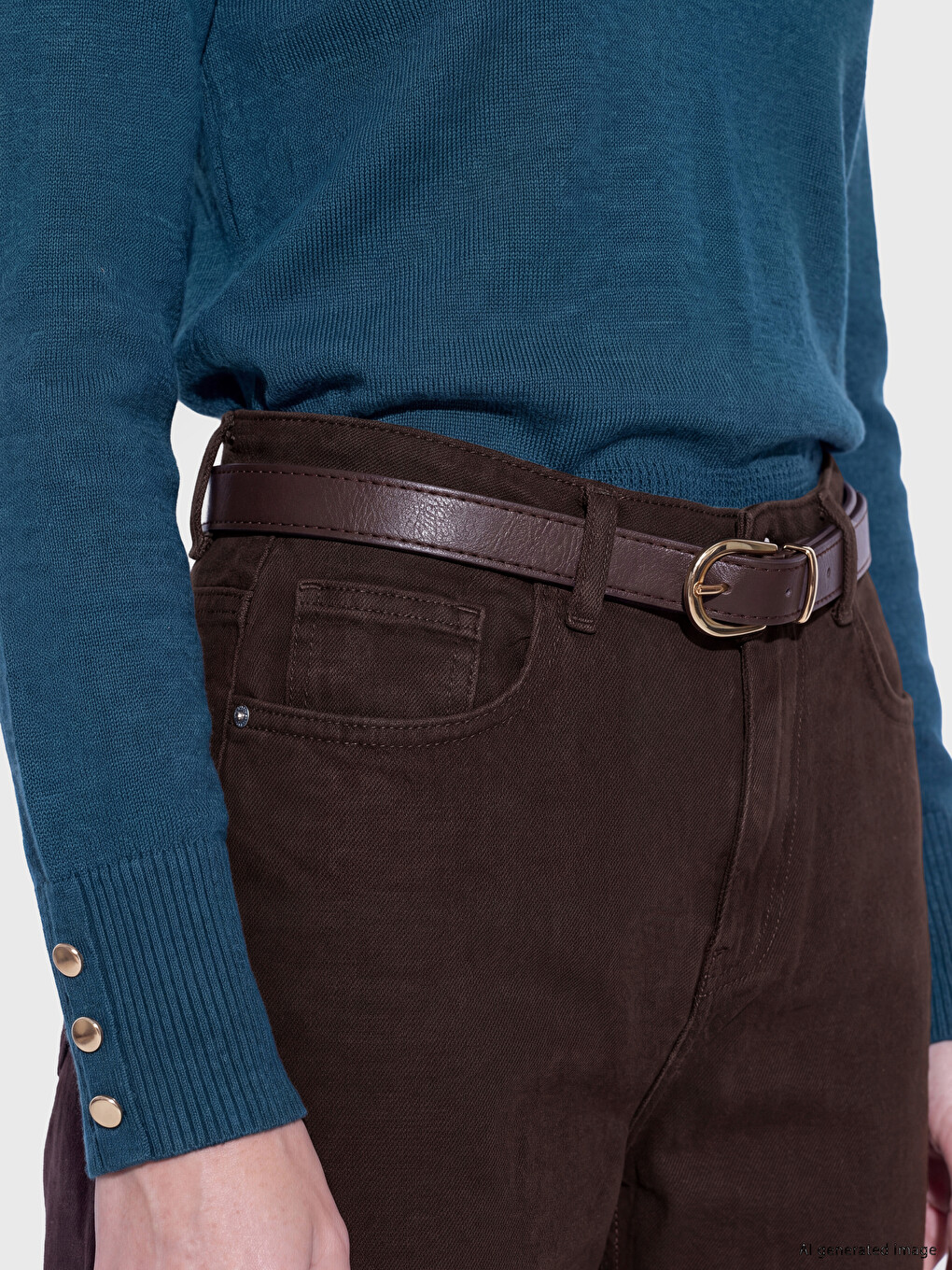 Kahverengi Beli Kemerli Straight Fit Kadın Jean Pantolon-2