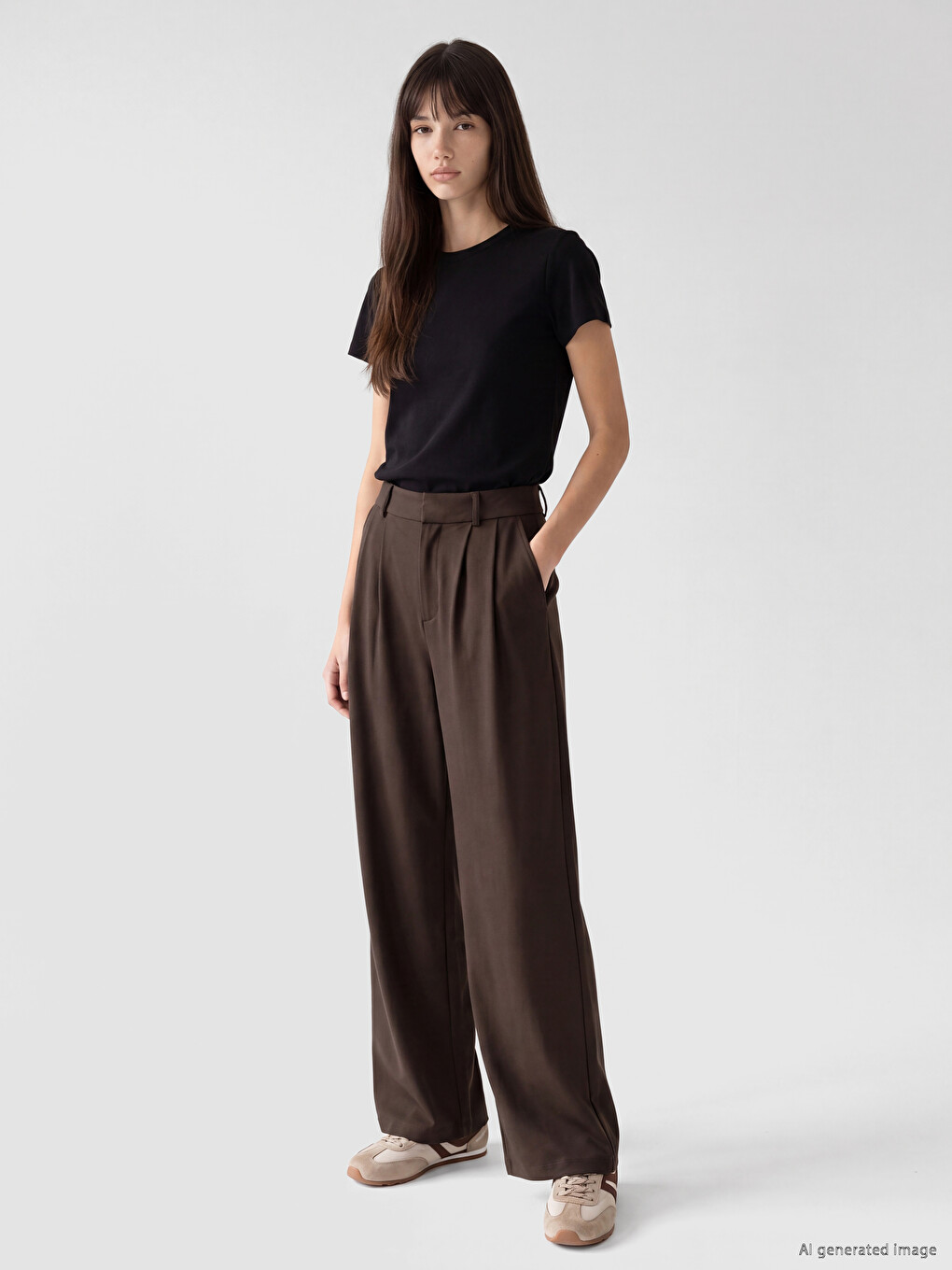 Kahverengi Loose Fit Soft Touch Kadın Pileli Pantolon
