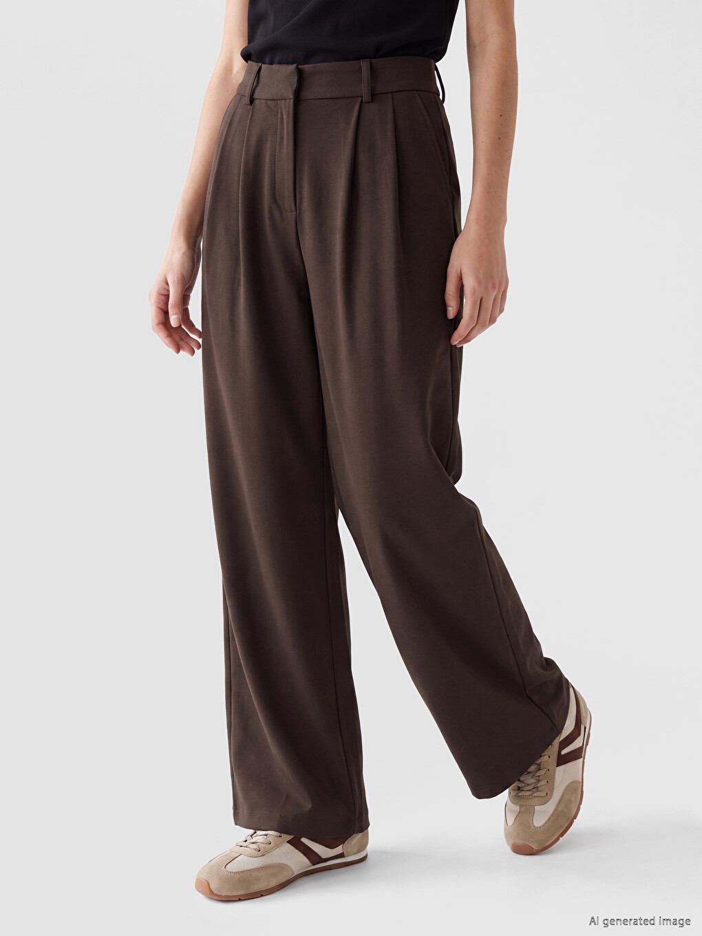 Kahverengi Loose Fit Soft Touch Kadın Pileli Pantolon-1
