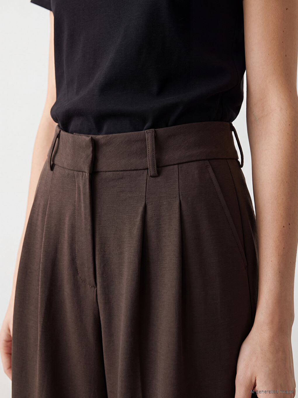 Kahverengi Loose Fit Soft Touch Kadın Pileli Pantolon-2
