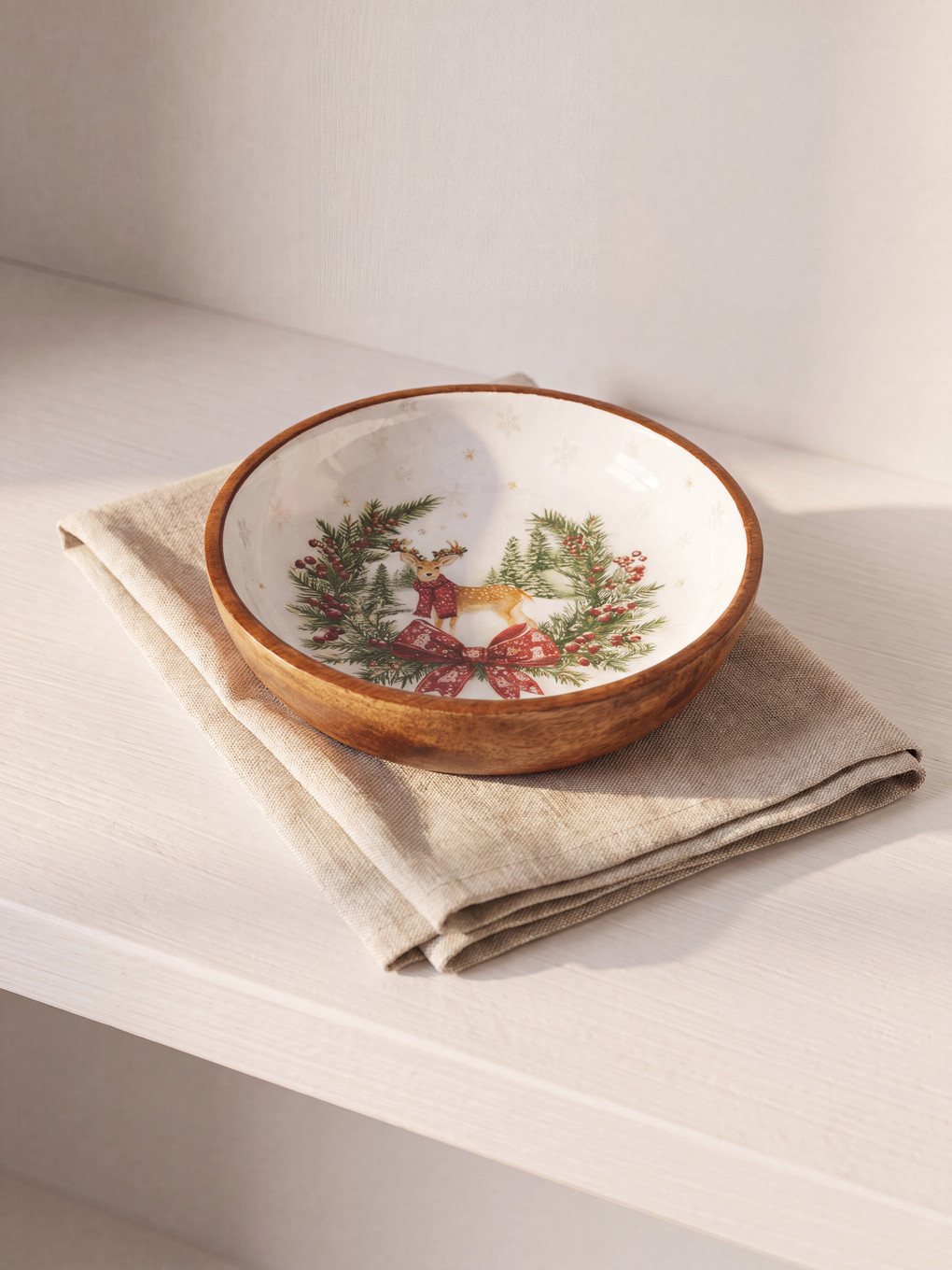 Pine Tree And Snow Flake Patterned Wood Look Bowl