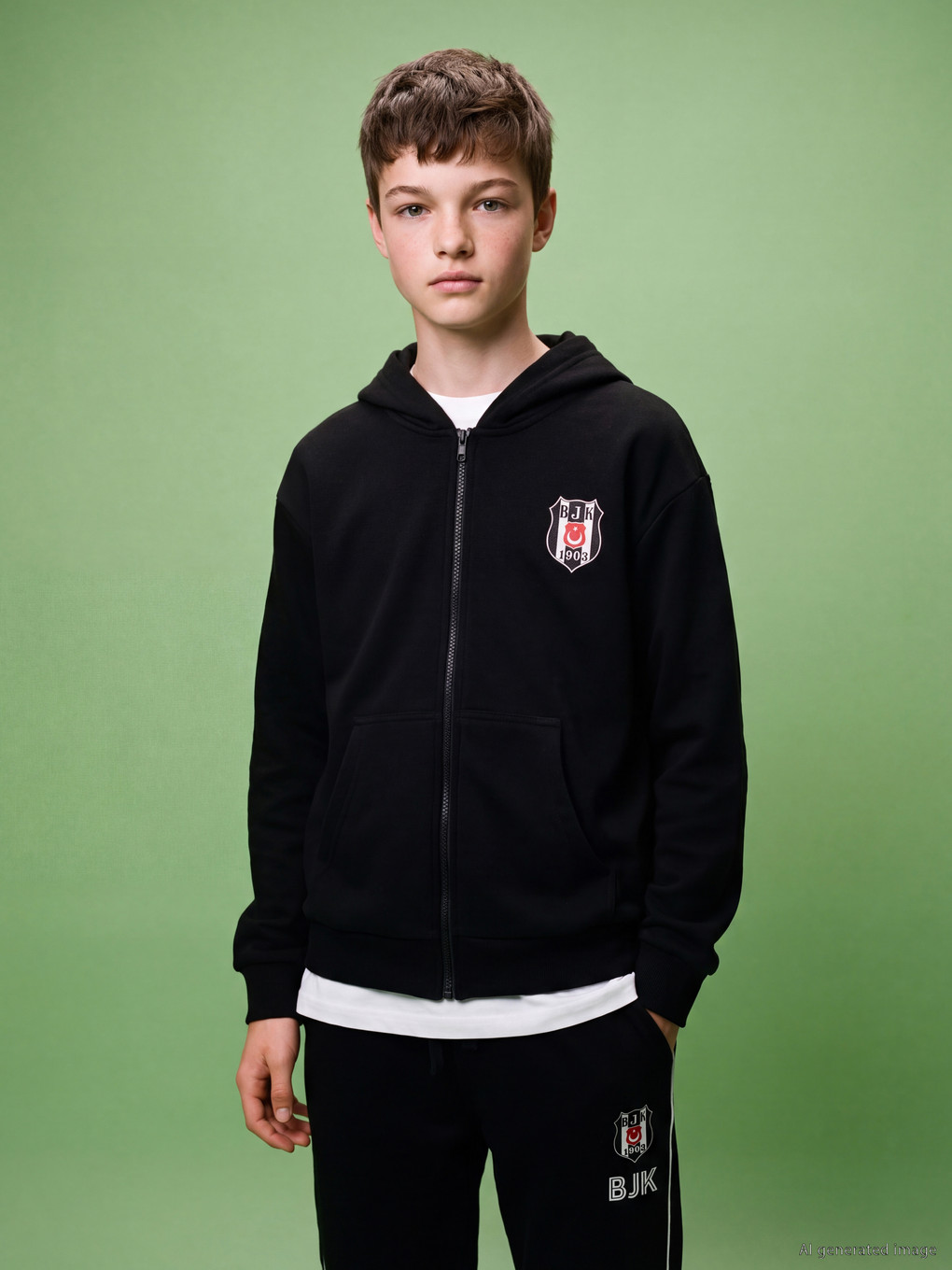 Siyah Kapüşonlu Beşiktaş Erkek Çocuk Fermuarlı Sweatshirt