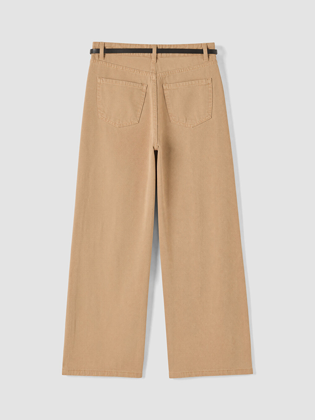 Bej Beli Kemerli Wideleg Kadın Jean Pantolon-2