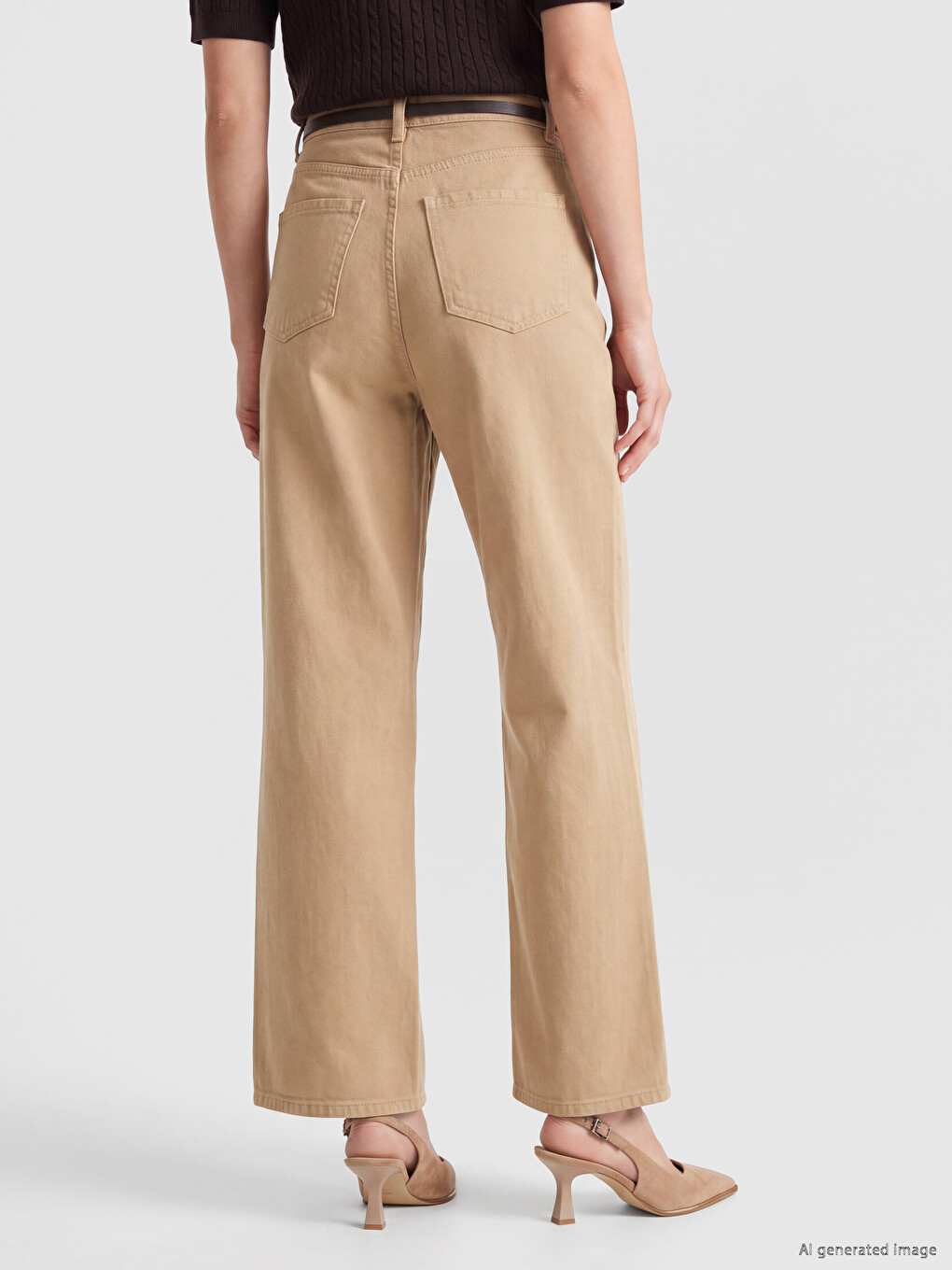 Bej Beli Kemerli Wideleg Kadın Jean Pantolon-3
