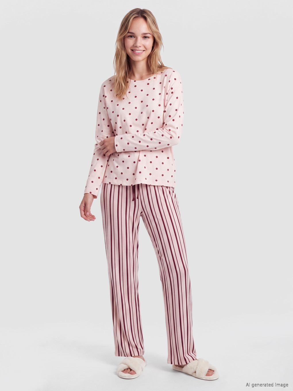 Pembe Bisiklet Yaka Desenli Kadın Pijama Takım-1