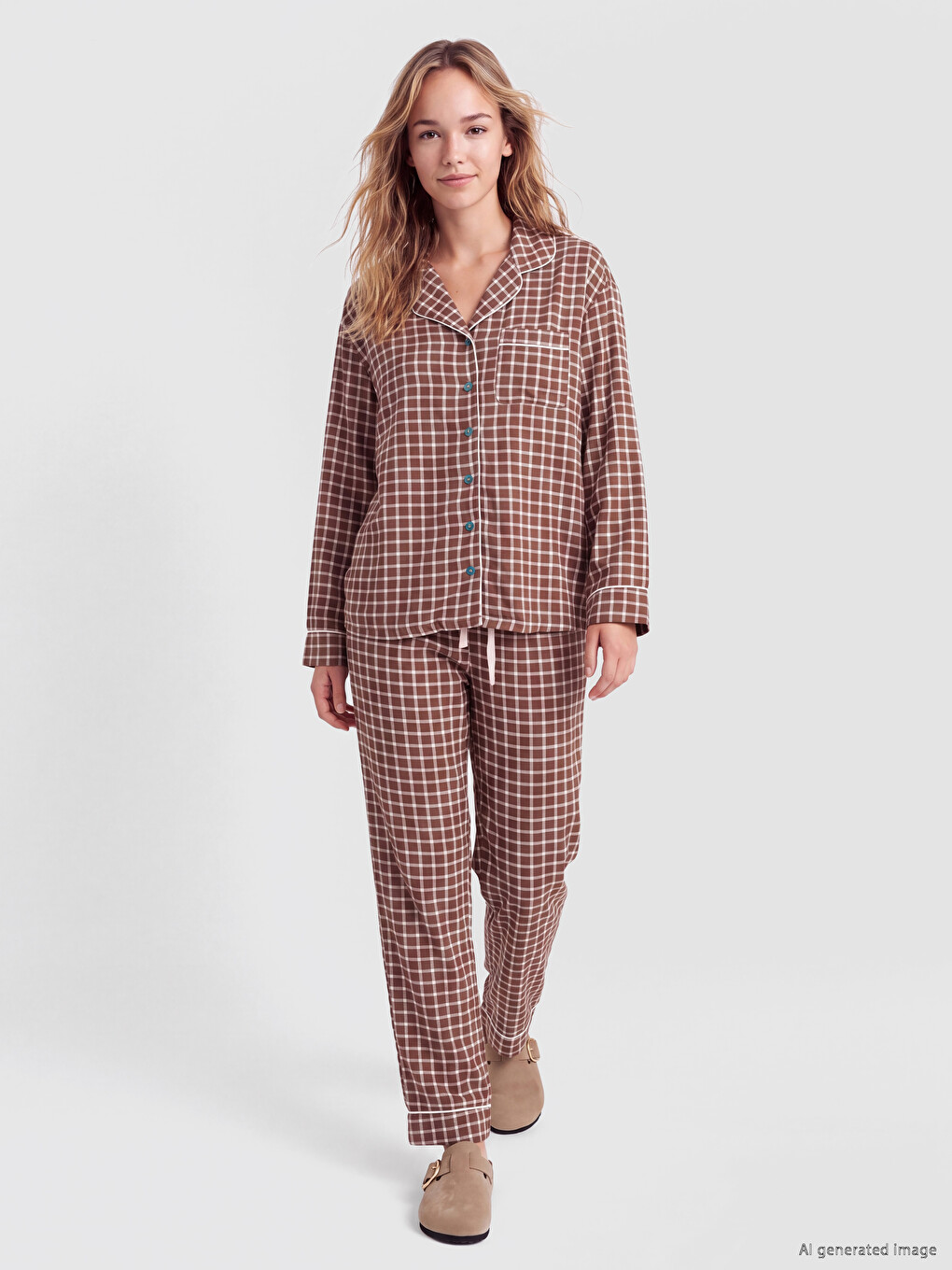 Kahverengi Gömlek Yaka Ekose Kadın Pijama Takımı