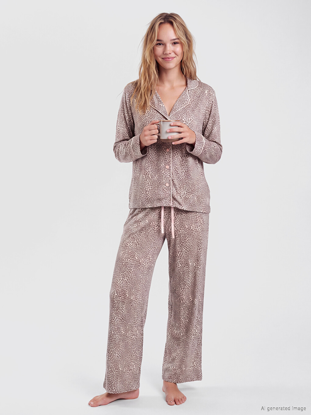 Ekru Gömlek Yaka Leopar Desenli Kadın Pijama Takımı-1