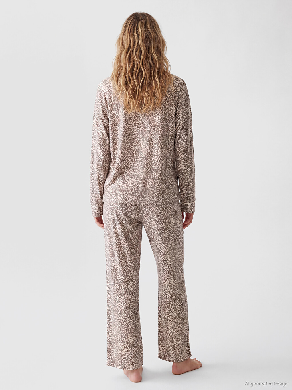 Ekru Gömlek Yaka Leopar Desenli Kadın Pijama Takımı-3