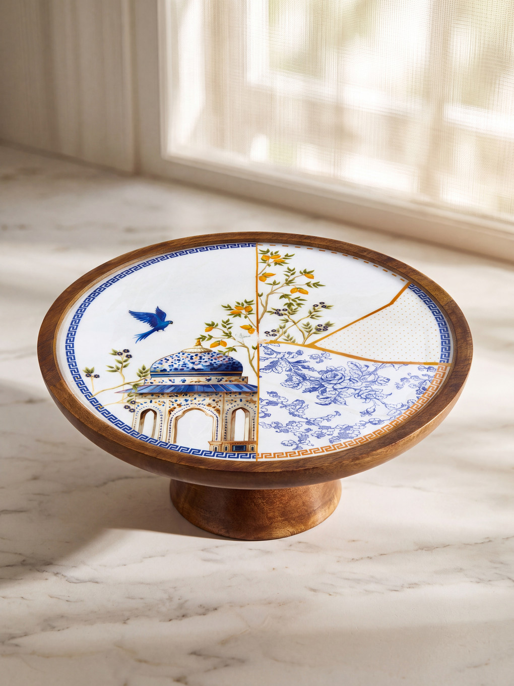 Wooden Framed Patterned Footed Serving Stand