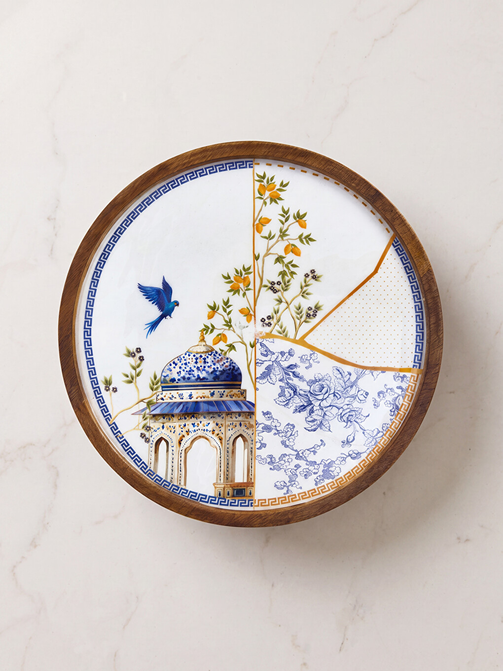 Wooden Framed Patterned Footed Serving Stand-1