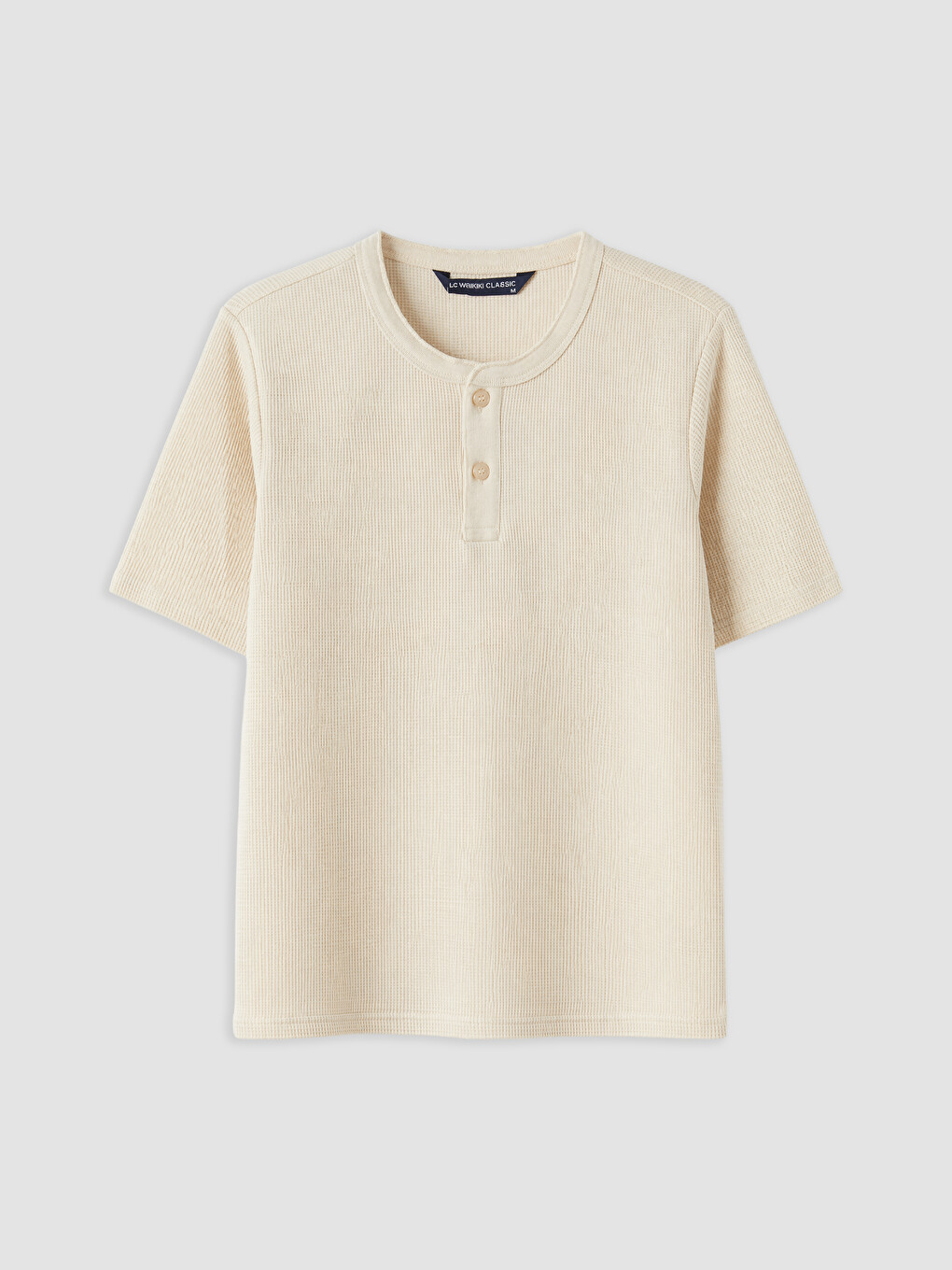 Bej Henley Yaka Dokulu Erkek Tişört-3