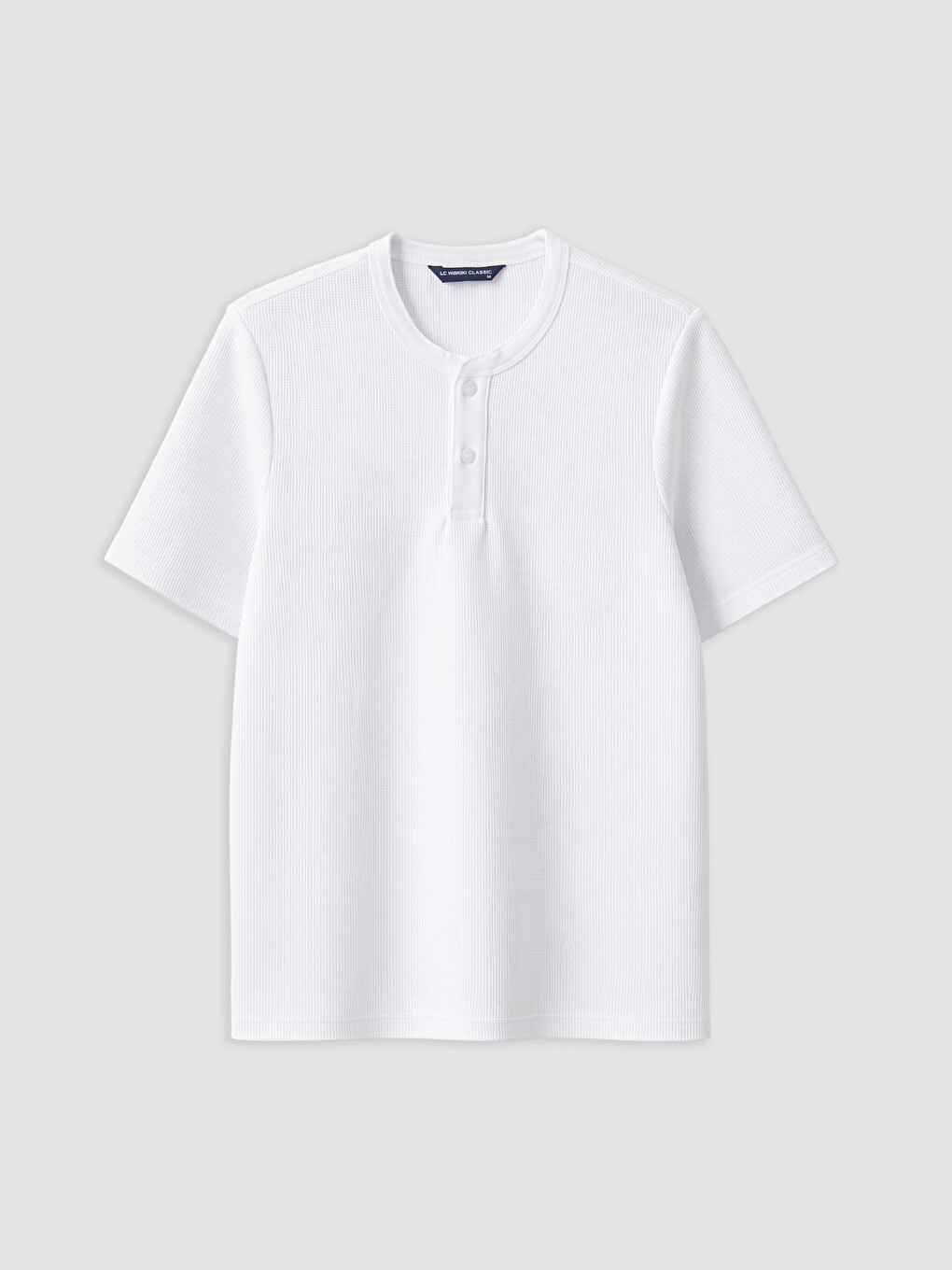 Beyaz Henley Yaka Dokulu Erkek Tişört-3