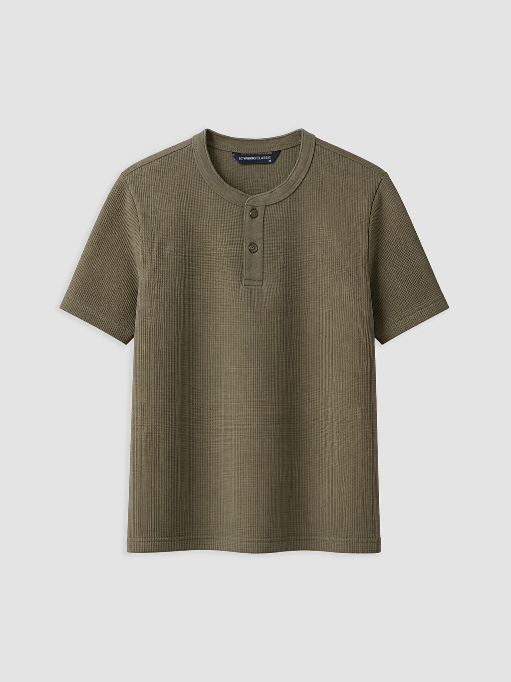 Haki Henley Yaka Dokulu Erkek Tişört-3