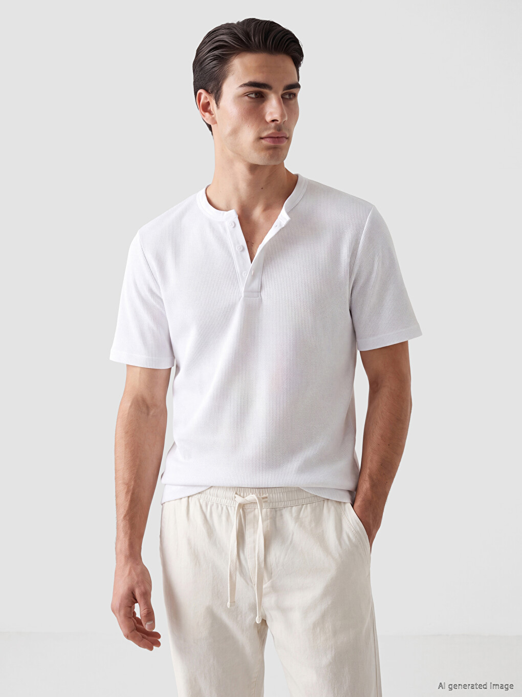 Beyaz Henley Yaka Dokulu Erkek Tişört