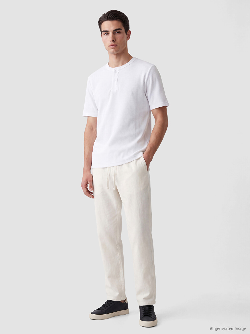 Beyaz Henley Yaka Dokulu Erkek Tişört-1