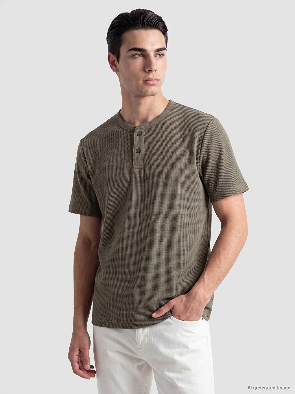 Haki Henley Yaka Dokulu Erkek Tişört