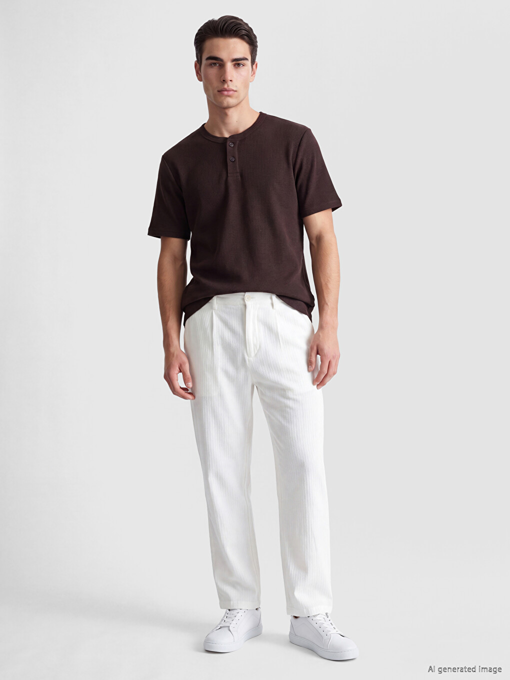 Kahverengi Henley Yaka Dokulu Erkek Tişört-1