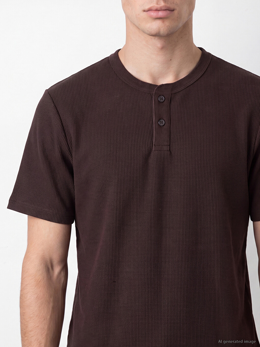 Kahverengi Henley Yaka Dokulu Erkek Tişört-2