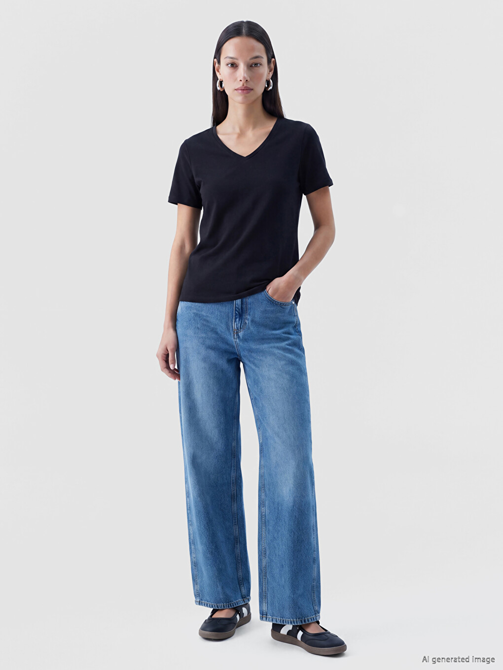 V Neck %100 Cotton Women's T-shirt-1