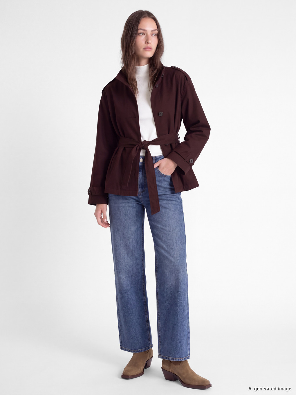 Mock Neck Sash Oversize Women's Trench Coat-1