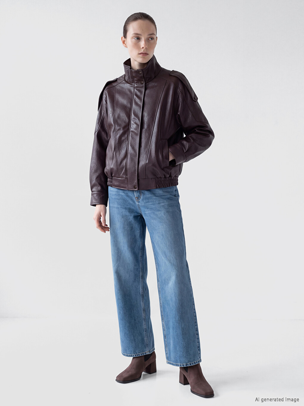 Kunstlederjacke Mit Stehkragen Für Damen-1